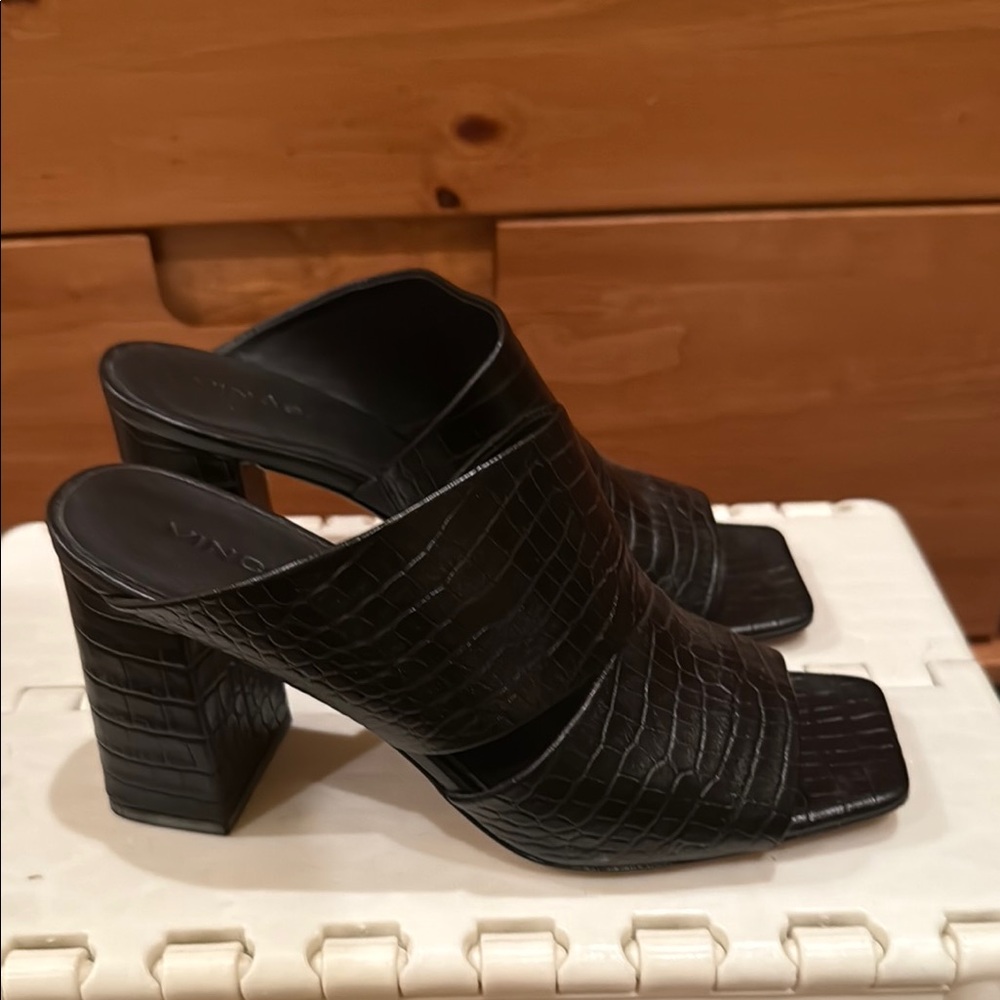 VINCE Black Croc-Embossed Women's Heeled Mules
